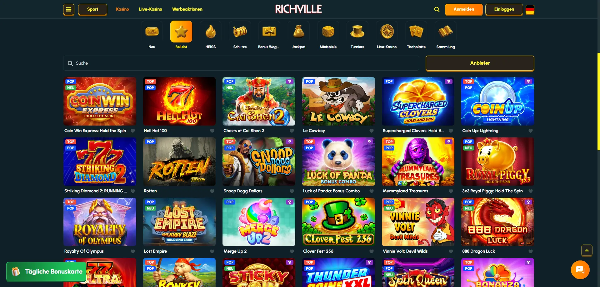 &Uuml;ber 7.500 Casino-Spiele bei Richville &mdash; Slots, Tischspiele, Live-Casino